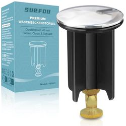 SURFOU Universal Height-Adjustable Sink Plug 40 mm Chrome Brass Drain Plug with Overflow Premium, Pop Up Drain Valve Drain Fitting Plug Sink Drain Fitting