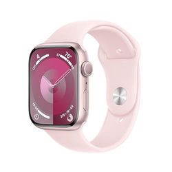 Apple Watch Series 9 (GPS 45 mm) Smartwatch - Kast van roze aluminium - Lichtroze sportbandje S/M. Conditie bijhouden, Saturatie-app en Ecg-app, Always-on Retina-display, waterbestendig