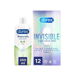 Durex Preservativos Invisible Extra Lubricado, 12 Condones, Durex Naturals H2O Lubricante Base Agua, 100% Natural Sin Fragancia, Colorantes ni Agentes Irritantes, 250ml