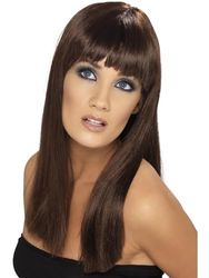 Smiffys Glamourama Wig, Brown Long, Straight with Fringe, Ladies Glamour Wigs Fancy Dress, Adult Dress Up Wigs