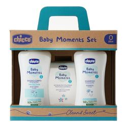 Chicco Baby Moments Set con Bagno Corpo da 200 Ml, Shampoo Senza Lacrime da 200 ml, Acqua di Colonia 100 ml, Idea Regalo, 0 Mesi +