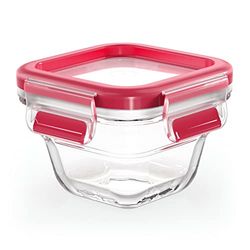Emsa N10413 Clip & Close Glass Food Storage Container Square 0.18 L Stackable Freezer Safe Oven Safe Microwave Safe Non-Slip Stacking 100% Leak-Proof Dishwasher Safe Transparent Red