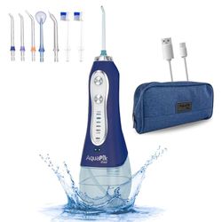 Aquapik One, Irrigateur dentaire et nasal portable. Comprend 8 buses multifonctionnelles. 5 modes d'utilisation.Capacité 300 ml. Batterie rechargeable. Recommandé pour toute la famille (Bleu)