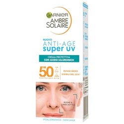 Garnier Crema Viso Protettiva Anti-Age Super UV, Per Pelli Sensibili, Protezione SPF 50, Ad Assorbimento Rapido, Con Acido Ialuronico, Ambre Solaire, 50 ml