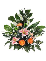 DRW Centre de fleurs artificielles cimetière, église Mariages tombes Fleurs sauvages Orange avec lyums 70 x 60 x 30 cm