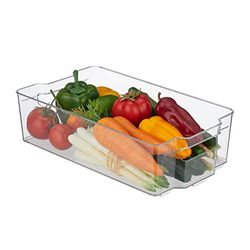 Relaxdays koelkast organizer, opbergbak fruit, kaas, HxBxD: 10 x 38 x 21 cm, koelkastbakje met handvatten, transparant