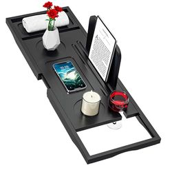 Plateau de Bain Noir de qualité supérieure – Plateau de Bain pour l'ensemble de la Baignoire – Plateau de Baignoire en Bambou – Taille Extensible – s'adapte à la Plupart des baignoires