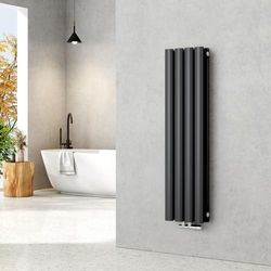 EMKE Kleine radiator, 900 x 240 mm, ovale paneelverwarming, centrale aansluiting, verticale radiator, design, buisradiator, dubbellaags, antraciet, 373 watt