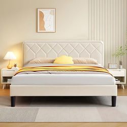 VECELO Letto matrimoniale imbottito 140 x 190 cm, rete piattaforma, supporto a doghe in legno solido, nessuna rete imbottita necessaria, tessuto vellutato, facile da montare, beige