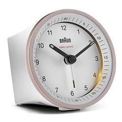 Braun Relógio despertador analógico controlado por rádio, área com hora central europeia (DCF/GMT+1), função de repetição e iluminação, alarme por apito em branco e rosa, BC07PW-DCF, Branco e Rosa