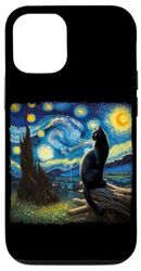 Carcasa para iPhone 14 Pro Gato Negro Mirando Noche Estrellada Gato Místico Bajo Cielo Nocturno