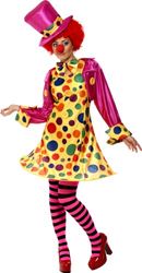 Clown Lady Costume, Multi-Coloured, Hooped Dress, Shirt, Bow Tie, Stripy Tights & Hat, (PLUS X1)