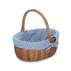 Double Steamed Oval Wicker Shopping Basket Blue Checked Lining