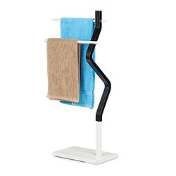 Relaxdays Piantana Portasciugamani, Autoportante, 2 Bracci, Acciaio MDF, Appendi Asciugamani, 85x43,5x20 cm, Nero Bianco