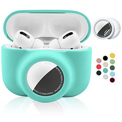KGDHjuei Coque de Protection 2 en 1 pour Apple AirPods Pro Air Tag – Coque en Silicone Souple pour Airpods Pro AirTag avec 2 Protections d'écran, Anti-Rayures, Anti-Chute (Vert Menthe-2)