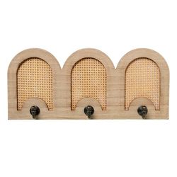 DRW Perchero de Pared con 3 Ganchos de Metal, Madera y Ratan Natural 36x5x16 cm