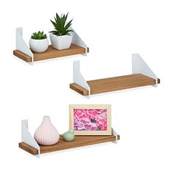 Relaxdays wandplank set van 3, zwevende plank, verschillende groottes, van hout & metaal, modern design, natuur/wit