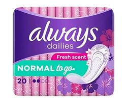 Always Dailies Normal To Go Fresh Lot de 20 protège-slips pour femme avec parfum frais, flexibles et confortables, respirants