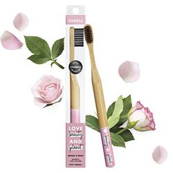 Love Beauty & Planet Brosse à Dents Manuelle Souple Vegan Manche em Bambou Naturel, Poils Infusés au Charbon Certifié Vegan x1