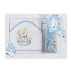 Interbaby Serviette à Capuche pour bébé Osito BAÑERA en Blanc et Bleu avec Set de Brosse et Peigne - 900 g
