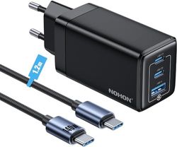 NOHON USB-C-laddare Snabbladdning: 65W GAN 3-Port PD3.0 Laddare | USB C-kontakt med 140W Typ C-kabel 1.2M | Kompatibel med MacBook Pro Air Airpods iPad iPhone 15 14 13 12 11 Samsung Galaxy S