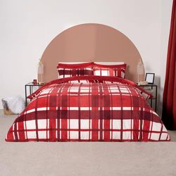 OHS Jul dubbelsäng påslakan röd rutig, teddy fleece påslakan för dubbelsäng julsängkläder med örngott tartan påslakan