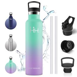 Vikaster Sportdrinkflessen, 1 l, roestvrij stalen fles, drinkfles met rietje, lekvrije drinkflessen, thermosfles, sportfles, volwassenen, school, outdoor
