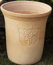 VASO IN TERRACOTTA CON UVA IN RILIEVO IN TERRACOTTA. VASO ALTEZZA CM. 42, DIAMETRO CM. 36 FIORIERA IN COTTO NATURALE GIARDINAGGIO MADE IN ITALY