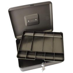 Cathedral Products Key Lockable Cash Box with Lift Out 6 Compartment Coin Tray - 12 Inch - Black