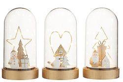 J-Line Cloche Coeur/Sapin/Etoile+Led Bois/Verre Blanc/Or Assortiment De 3-3 unités