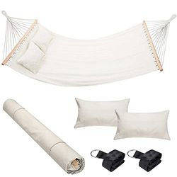 Bakaji Hamac de Jardin Double 2 Places 232 x 148 cm Barres transversales en Bois Revêtement en Polycoton avec 2 Coussins et Sangles Design Moderne pour Jardin Terre Camping (Beige)