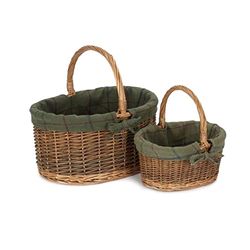 Red Hamper C082-083G Wicker Set of 2 Green Tweed Lined Country Oval Shopping Basket