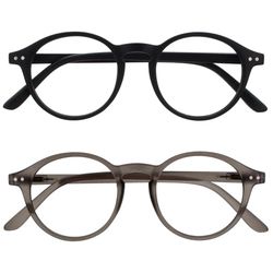 OPULIZE REY Gafas de Lectura - Pack de 2 - Montura Redonda Retro - Negro Mate, Gris - Hombre Mujer - Bisagras de Muelle - RR56-17 - +2.50