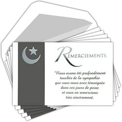 C5270 Moslim bedankkingen, 5 identieke kaarten met zilveren tekst + 5 witte enveloppen, formaat 9 x 14 cm, Croissant maan islamisch, dood obscene rouw, gemaakt in Frankrijk