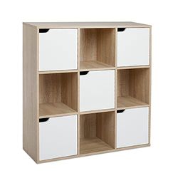Meerveil Opbergkast met 9 kubussen en 3 niveaus, boekenkast met 5 deuren, houten boekenplank, vitrinekast voor woonkamer, slaapkamer, thuiskantoor, 90 x 30 x 90 cm, eiken en wit