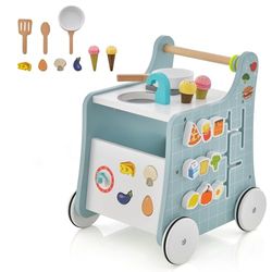 FANTASK Trotteur 6 en 1 en bois avec cuisine de jeu, trotteur avec réglage de forme et curseur mobile en bleu, cuisine pour enfants à partir de 1 an