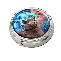 Rng Big Boîte à pilulier ronde en argent avec motif chats dans l'espace - Pour poche ou sac à main