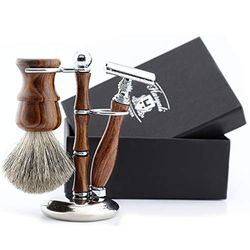 Haryali London Kit da barba in legno da 3 pezzi, rasoio di sicurezza a doppio bordo, pennello da barba super tasso, supporto da barba in legno e acciaio inossidabile, set da barba sostenibile come set