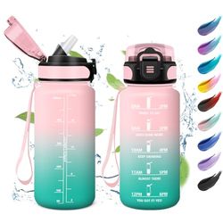 Drinkfles, 500 ml, lekvrij, gemakkelijk te openen, motiverende waterfles met rietje, drinkfles voor camping, reizen, school