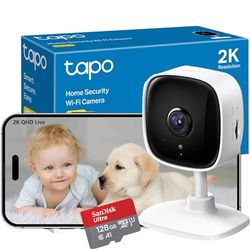 Tapo & SanDisk SD Card Bundle: Wifi Camera, Indoor Camera for Security, 2K 3MP Pet Camera, Wireless 360° for Baby Monitor, sell with 128GB SD Card