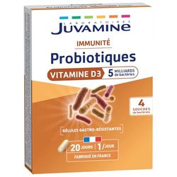 JUVAMINE - Probiotiques et Vitamine D - Soutient l'Immunité - 5 Milliards de Bactéries et 4 Souches Différentes - 20 Gélules Gastro-Résistantes - Fabriqué en France