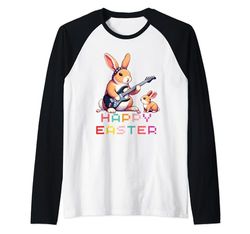 Coniglio Happy Easter Eggs Retro Vintage Pixel Art Rock Guitar Maglia con Maniche Raglan