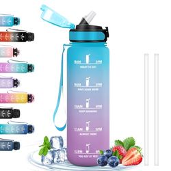 Drinkfles, 1 liter, waterfles met rietje, motiverende waterfles met tijdschaal, gemakkelijk te reinigen, drinkfles met tijdschema's, voor school, hardlopen, camping, yoga