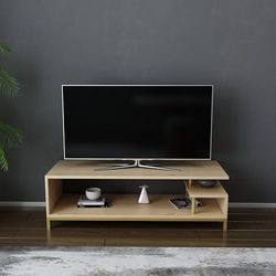 Hanah Home Stylowy stojak pod telewizor, złoty i dębowy, 120 x 44,6 x 37,6 cm, 100% pokryta melaminą, grubość 18 mm, nowoczesne wzornictwo do salonu i przestrzeni rozrywkowych