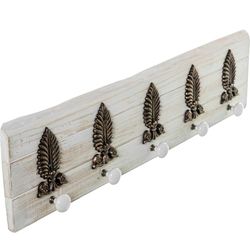DRW Appendiabiti da parete in legno con 5 ganci in ceramica e ornamenti in metallo bianco e oro 76 x 7 x 18 cm