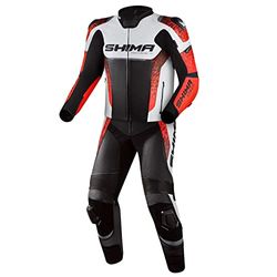 SHIMA STR 2.0 Motorbike Suit - Leather, Sport Suit with back, elbow, knee, hip and shoulder Protectors, Perforated leather, 2-piece, jacket and pants (46, Red Fluo)