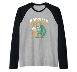 Divertente Birra Bevitore Mostro Hopzilla Beer gioco di parole Maglia con Maniche Raglan