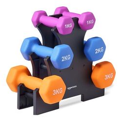 Amazon Basics - manubri neoprene set con supporto, confezione da 3 (1 kg, 2 kg, 3 kg), Multicolore