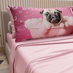 PETTI Artigiani Italiani - Sábanas de Animales con Perros de algodón con Fundas de Almohada de impresión Digital, sábanas de una Plaza y Media, Juego de Cama de una Plaza y Media Rosa, 100% Made in