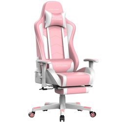 GTPLAYER Chaise Gaming Repose-Pieds Haut-Parleur Bluetooth Fauteuil Gamer Gris Siège Ergonomique (Rose)